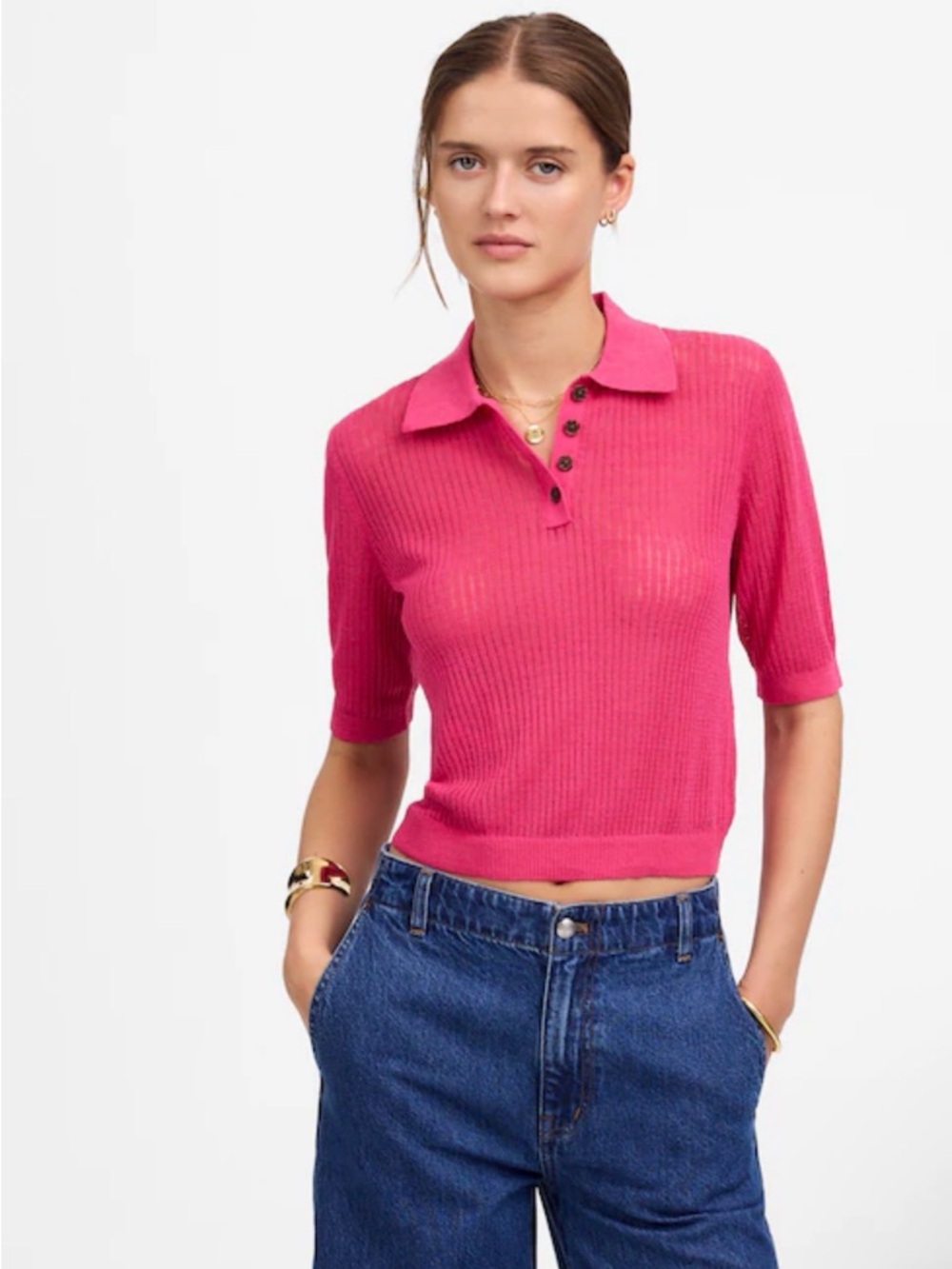 Madewell - Bright Pink Short Sleeve LinenPolo.